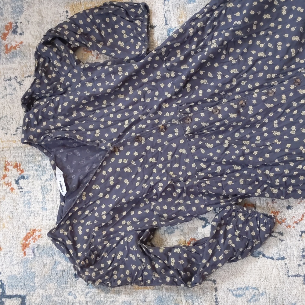 Tiered Button Down Grey Floral Midi Dress